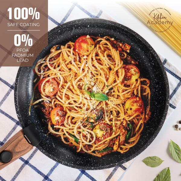 Kitchen Academy Non Stick Cookware Set, 10 Piece Granite-Coated Induction Pots and Pans Set with Detachable Handle, Stackable RV Cooking Set for