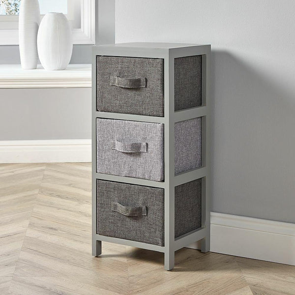 Home Source Chest of Drawers Storage Unit, Fabric Basket, Grey Wooden Tallboy Organiser, 3 Drawer