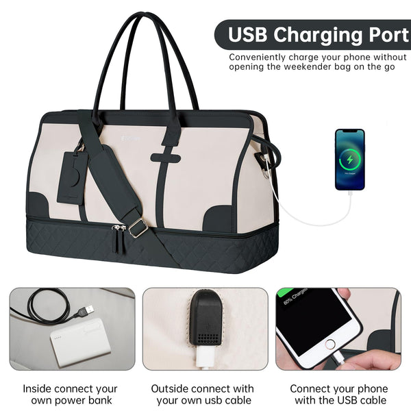 ETRONIK Weekend Overnight Bag for Women, Large Travel Duffle Bag with Shoe Compartment & Wet Pocket, Carry On Tote Bags Gym Duffel Bag with Toiletry Bags for Hospital 3 Pcs Set, Black