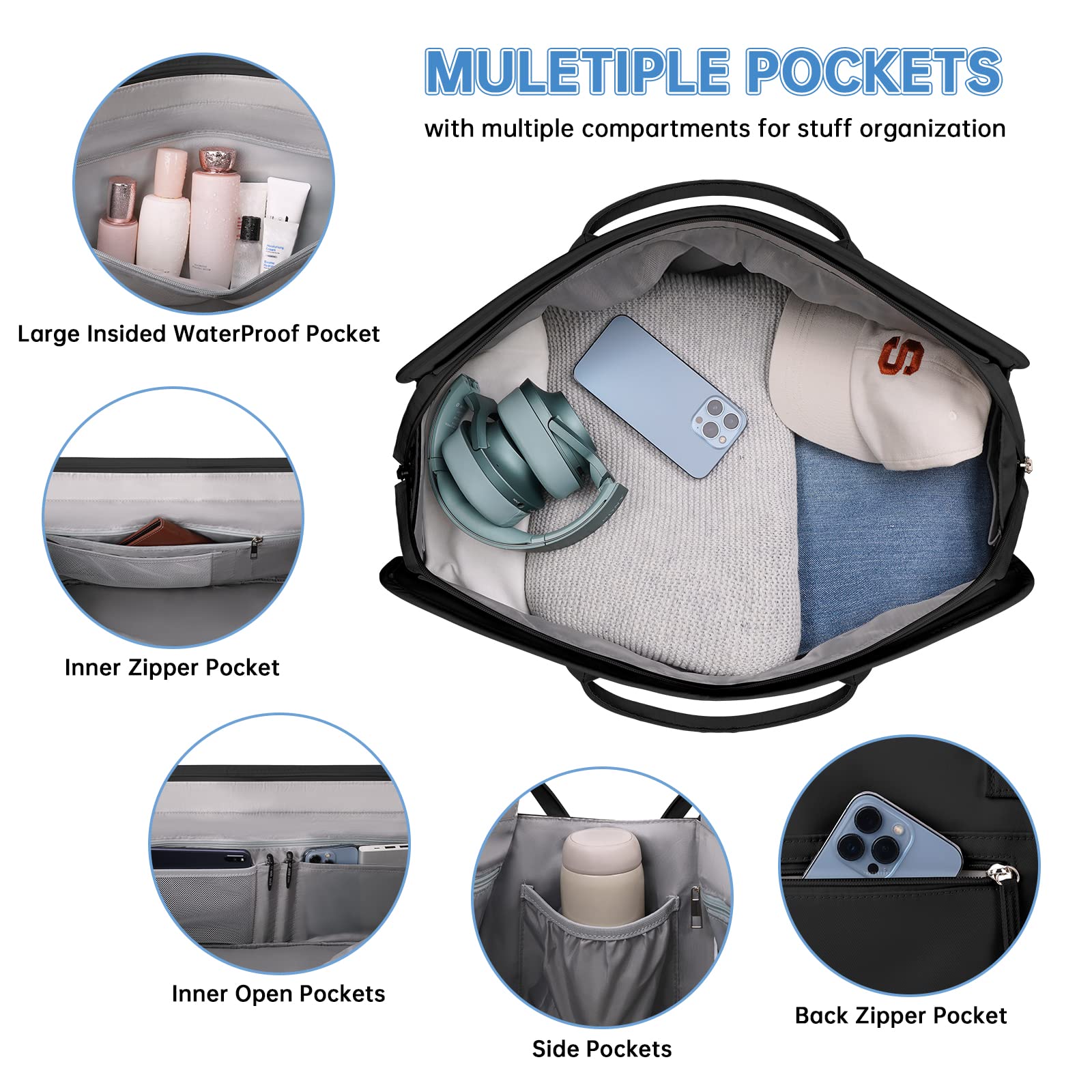 ETRONIK Weekend Overnight Bag for Women, Large Travel Duffle Bag with Shoe Compartment & Wet Pocket, Carry On Tote Bags Gym Duffel Bag with Toiletry Bags for Hospital 3 Pcs Set, Black