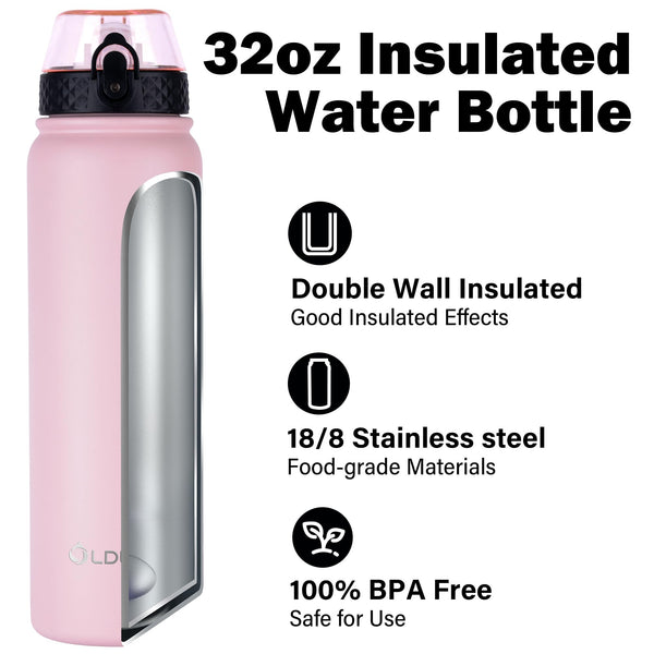 OLDLEY Stainless Steel Water Bottle with Straw 1L Vaccum Insulated Large Drink Flask Metal Water Bottles 1 Litre Leakproof Keep Drinks Hot Cold for Sports Gym with Different Lids(Purple Green, 3 Lids)