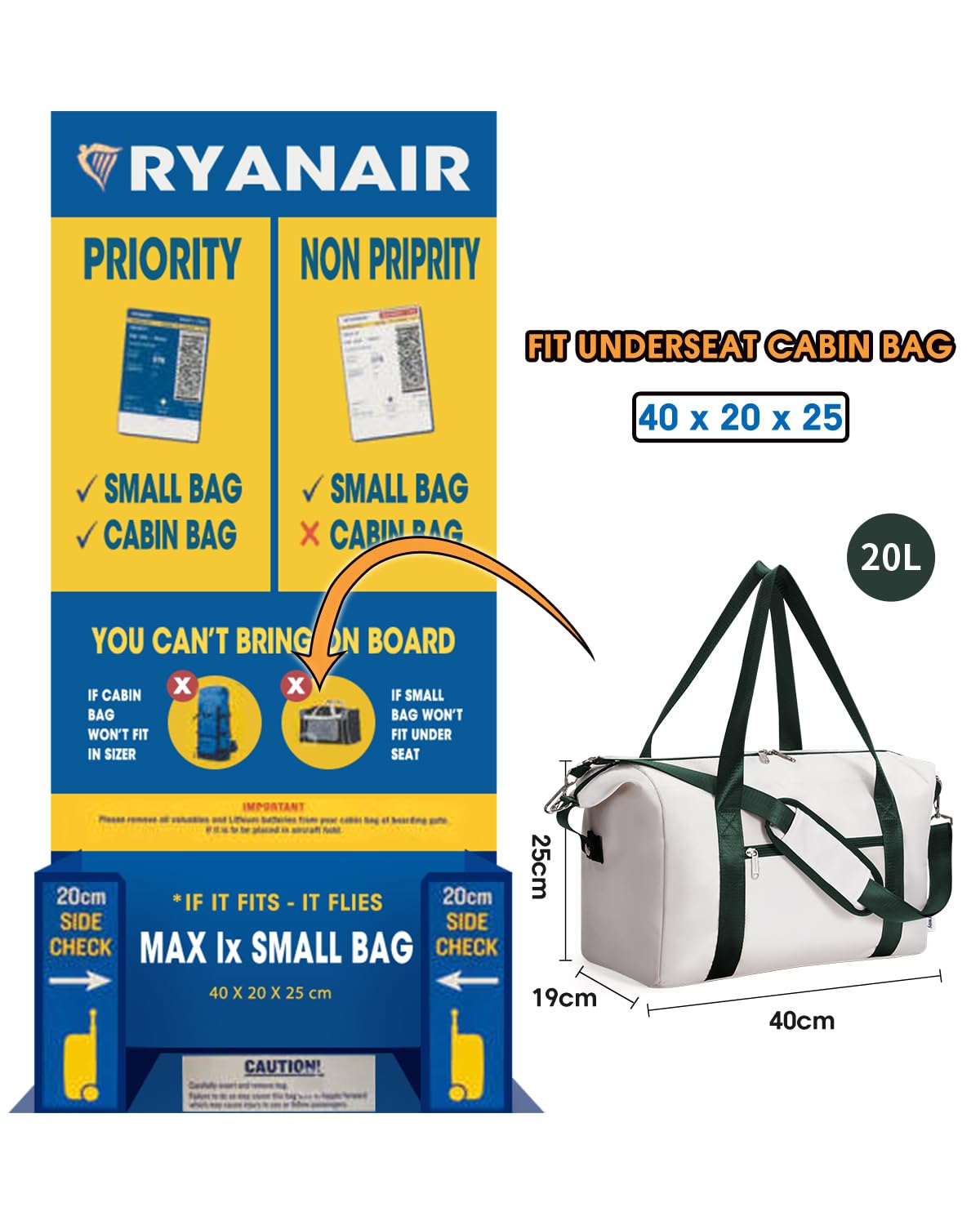 Narwey for Ryanair Cabin Bag 40x20x25 Underseat Ryan Air Bag Foladble Travel Duffel Hospital Carry on Hand Luggage Holdall Weekend Overnight Bag for Women and Men 20L (Beige with Green Straps)