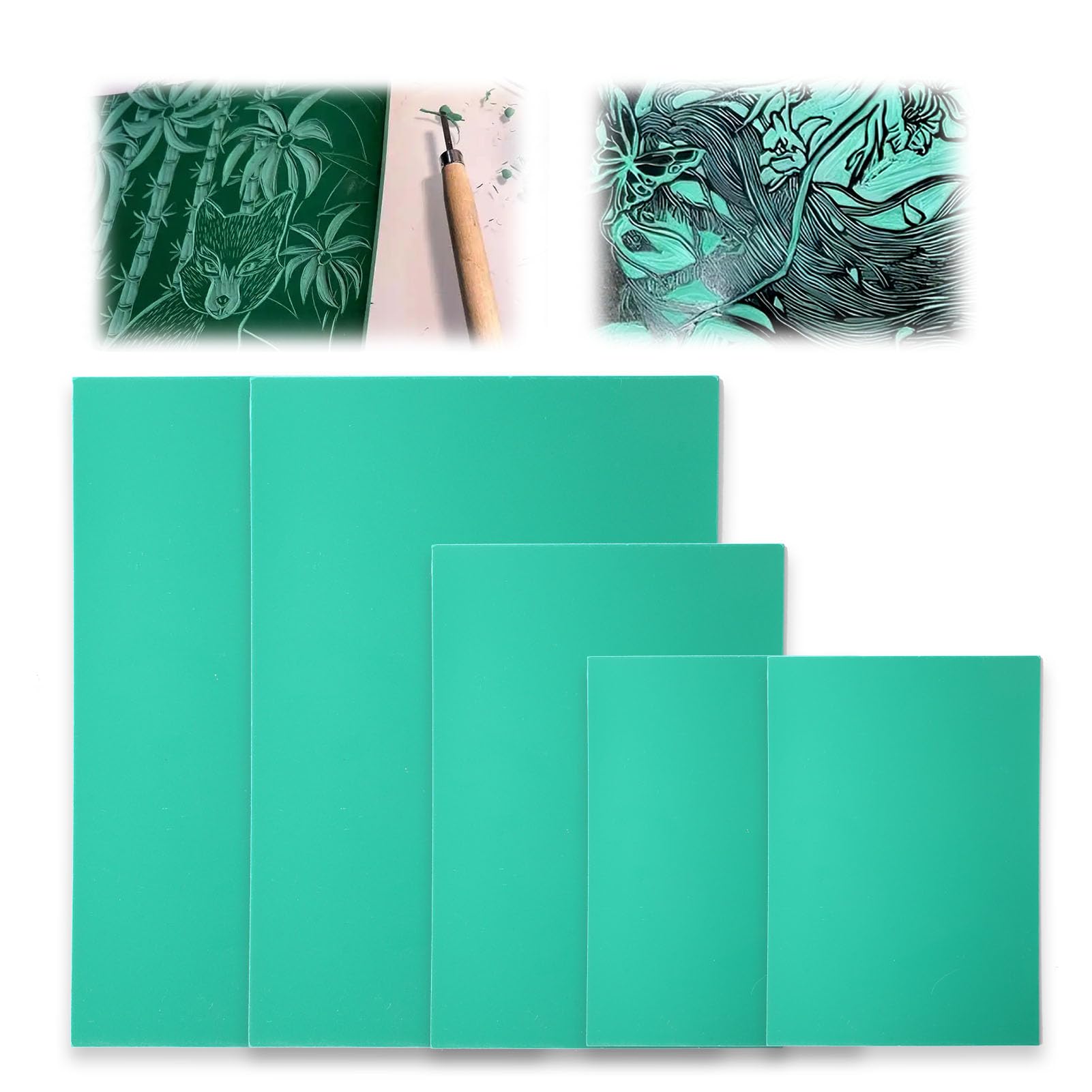 Soft Rubber Lino Printing Sheets Pack of 5 A4 A5 A6 Green Flat Surface Cut Polymer Print Carving Plates Set for Rubber Stamps Engraving Printmaking