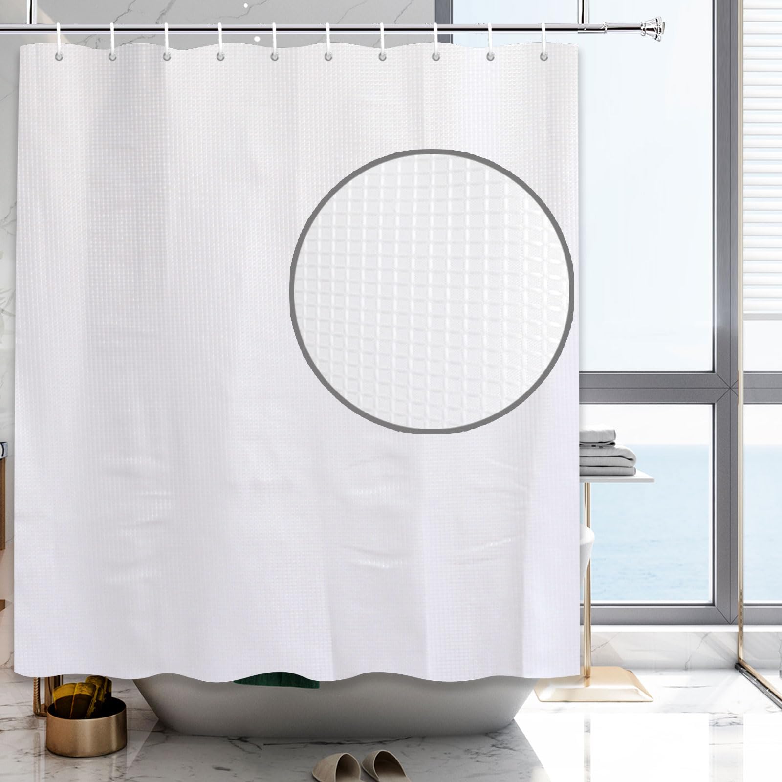 YISURE White Waffle Shower Curtain 180x180cm (71"x71"), Fabric, Waterproof With Hooks