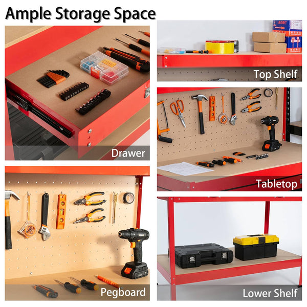 SwitZer New Red Steel Garage Tool Box Toolbox Work Bench Workbench Storage With Drawers Pegboard and 20 Pegs Shelf DIY Workshop Station