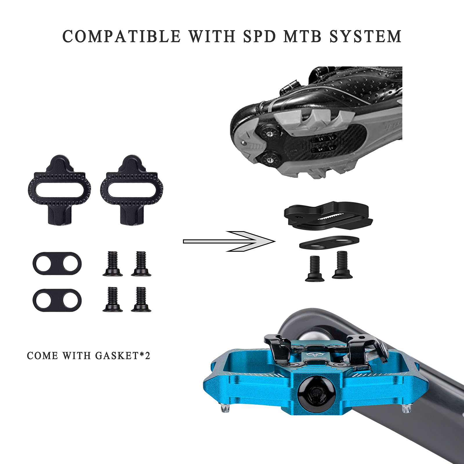 GEWAGE Mountain Bike Pedals - Dual Function Flat and SPD Pedal - 3 Sealed Bearing Platform Pedals SPD Compatible, Bicycle Pedals for BMX Spin Exercise