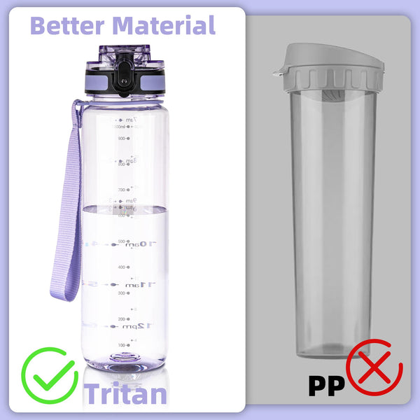 OLDLEY 1L/32oz Sports Water Bottle, 1000ml Motivational Drinks Bottle with Time Markings Leak Proof Drink & Lock Cover & No Straw, BPA Free for Adults Women Men Gym School Cycling Running Hiking