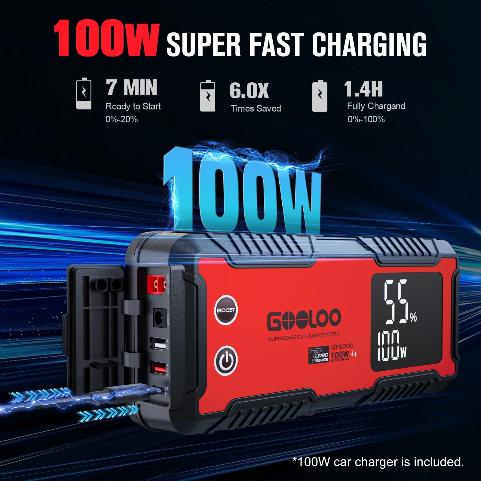 GOOLOO Portable Lithium Jump Starter GE3000 3000A Peak Car Starter for Up to 8.5L Gas or 6L Diesel Engine 12V Car Battery Booster Pack with LCD Screen, Power Bank + LED Flashlight, Type-C Port
