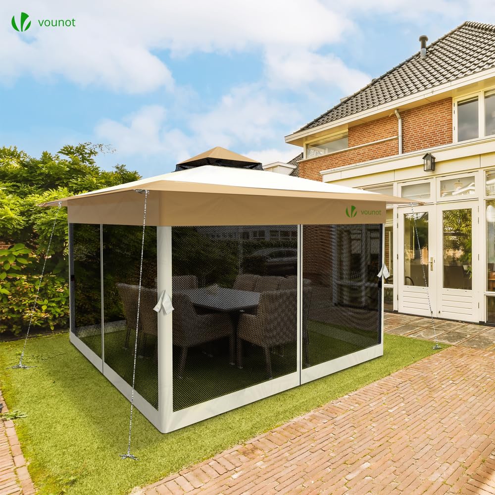 VOUNOT® 3.6m x 3.6m Pop Up Gazebo with Mesh Sides, Garden Double Roof Marquee Party Tent with Leg Weights & Roller Bag, Grey