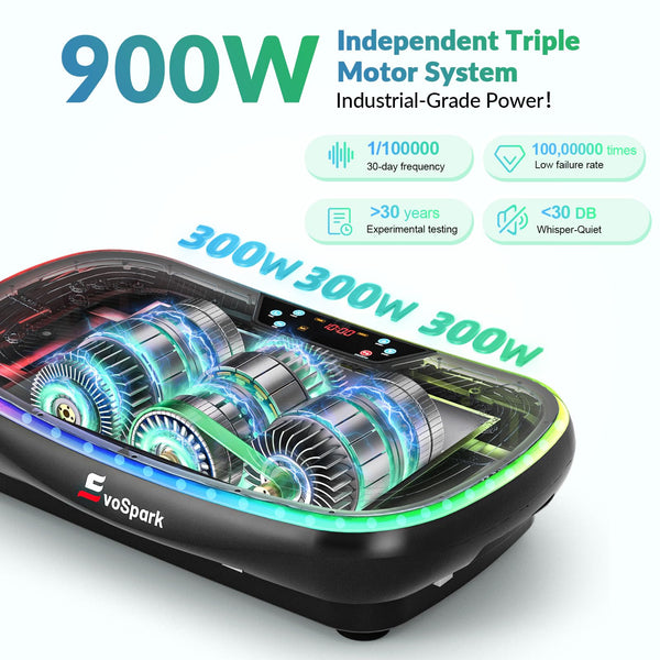 Vibration Plate, EvoSpark 7-in-1 4D PRO Vibration Plate Exercise Machine With 900W Triple Motor System, Whole Body Vibrating Plate with 9 Cool LED Light Effects,199 Adjustable Speeds, 550 Lbs Capacity