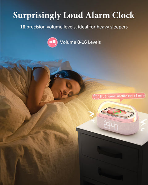 COLSUR Radio Alarm Clock Bluetooth Speaker, 15W Wireless Charger Alarm Clocks Bedside, Night Light, Loud Volume for Heavy Sleepers, Snooze, Dimmable LED Display, 2500mAh Battery