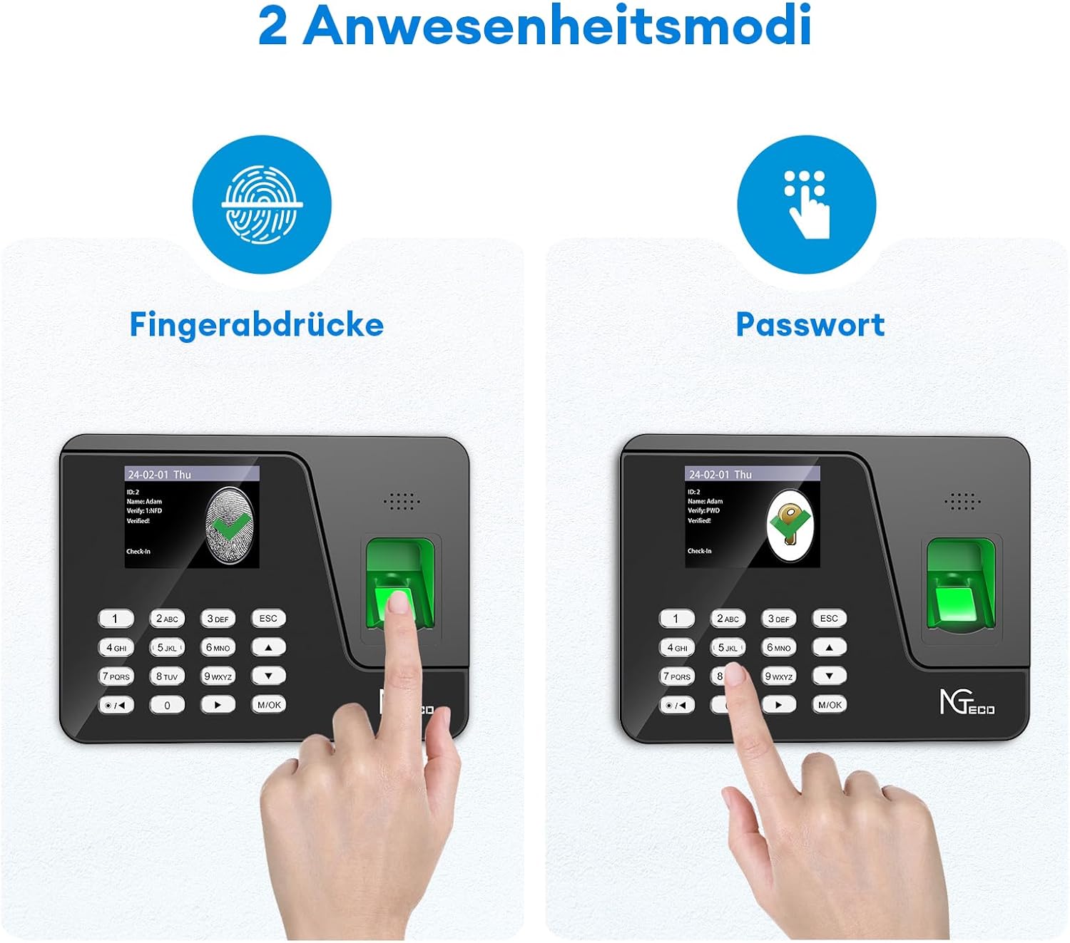 NGTeco Clock in Machine for Employees, No Internet/Software Needed, Fixed Shifts Suppor, 1000 Fingerprint Capacity, Biometric & Password Attendance, Automatic Work Hour Calculation