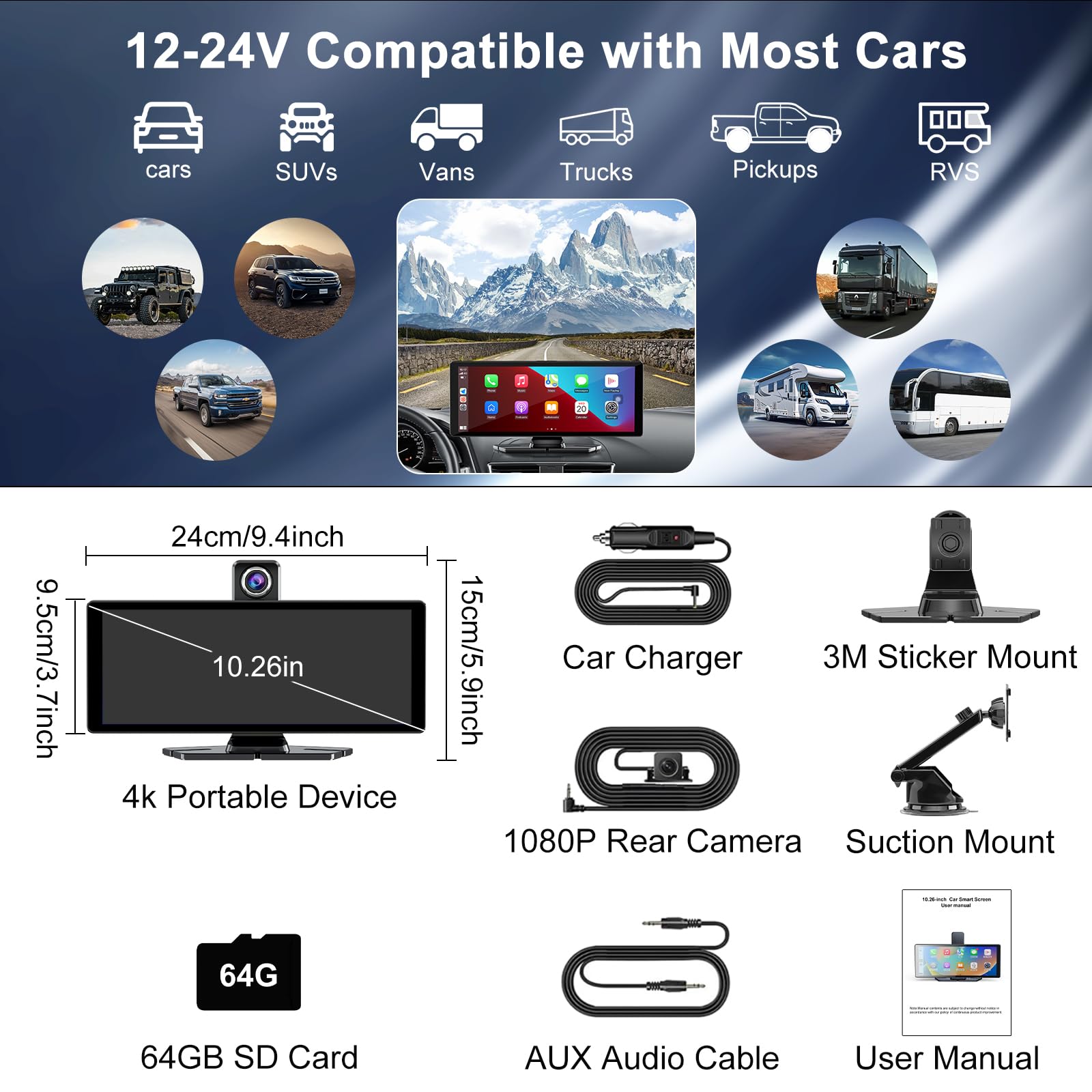 10.26" Wireless Car Stereo for Apple Carplay & Android Auto with 1080P Backup Camera, Touchscreen Car Play Screen with GPS Navigation & Voice Control, Mirror Link,Dual Bluetooth,FM Transmission,AUX