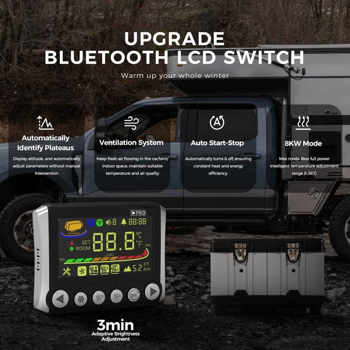 8KW TB10 Toolbox Diesel Air Heater, AC 240V DC12V 24V Night Parking Heater, w/ 5500m Adaptive Plateau, Auto Start - Stop, Ventilation Mode, LCD Panel & APP control, for Campervan Car Trucks RV Trailer