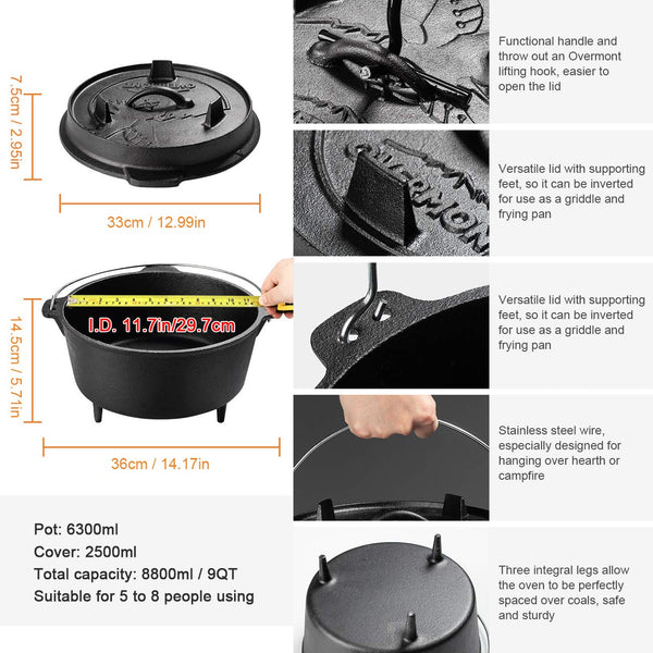 Overmont Overmont 8.8L/ 9Quart All-Round Dutch Oven Dual Function Lid Griddle with Lid Lifter Camping Pre Seasoned Cast Iron Pot