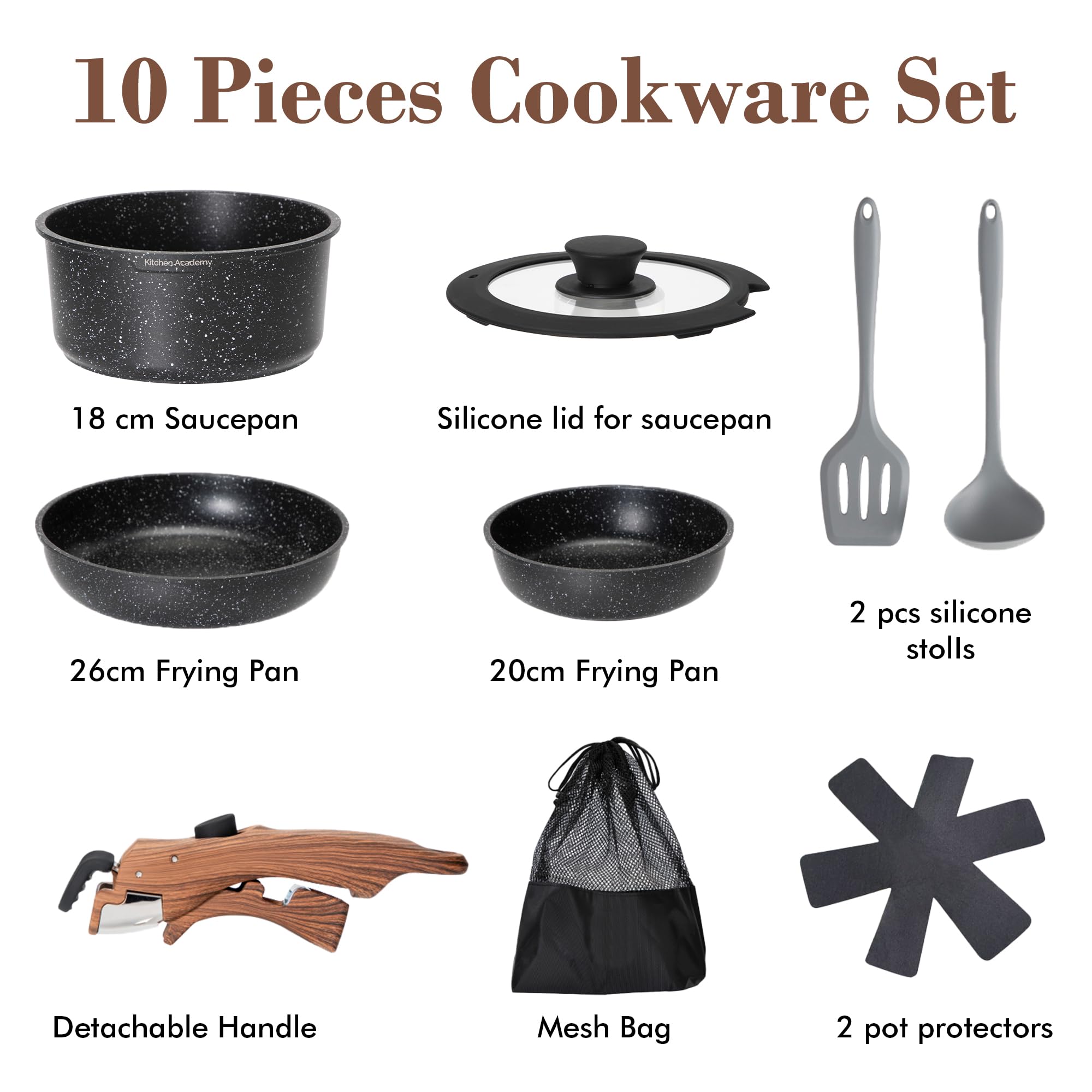 Kitchen Academy Non Stick Cookware Set, 10 Piece Granite-Coated Induction Pots and Pans Set with Detachable Handle, Stackable RV Cooking Set for