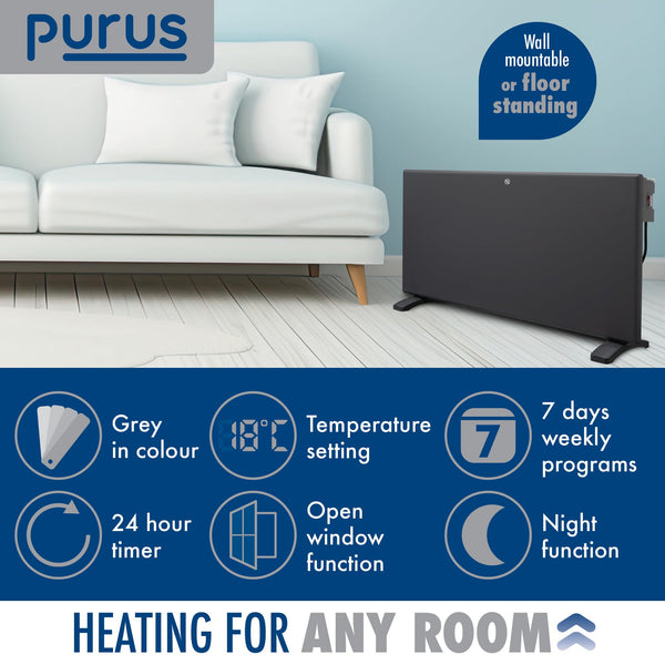 Purus 600W Grey Electric Radiator Heaters for Home, Bathroom Safe Electric Heater Setback Timer Lot 20 & Advanced Thermostat Control Wall Mounted or Floor Standing Low Energy Panel Heater