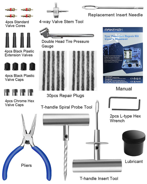 MAIKEHIGH Heavy Duty Tyre Puncture Repair Kit, 69Pcs Tubeless Car Tyre Plug Set for Auto, ATV, Truck, Tractor, Motorcycle, Off-Road (Blue)