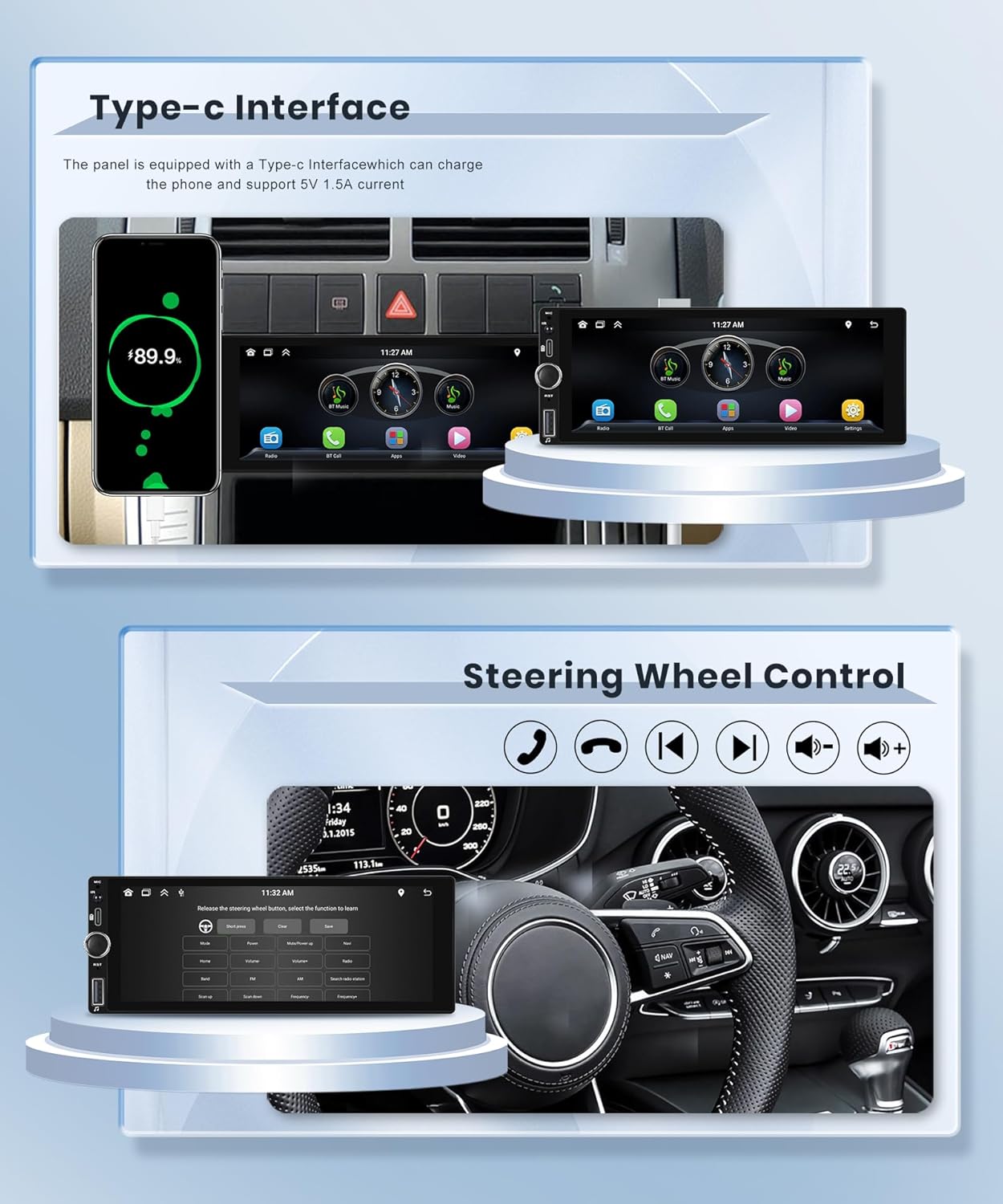 Rimoody Single Din Wireless Carplay Car Stereo Android Auto 6.86 inch HD Touch Screen Car Radio Bluetooth FM/RDS EQ Android/iOS Phone Mirror Link Backup Camera USB Type-C SWC