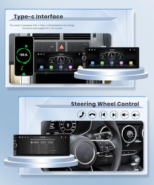 Rimoody Single Din Wireless Carplay Car Stereo Android Auto 6.86 inch HD Touch Screen Car Radio Bluetooth FM/RDS EQ Android/iOS Phone Mirror Link Backup Camera USB Type-C SWC