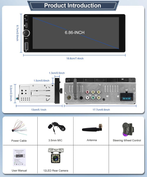 Rimoody Single Din Wireless Carplay Car Stereo Android Auto 6.86 inch HD Touch Screen Car Radio Bluetooth FM/RDS EQ Android/iOS Phone Mirror Link Backup Camera USB Type-C SWC