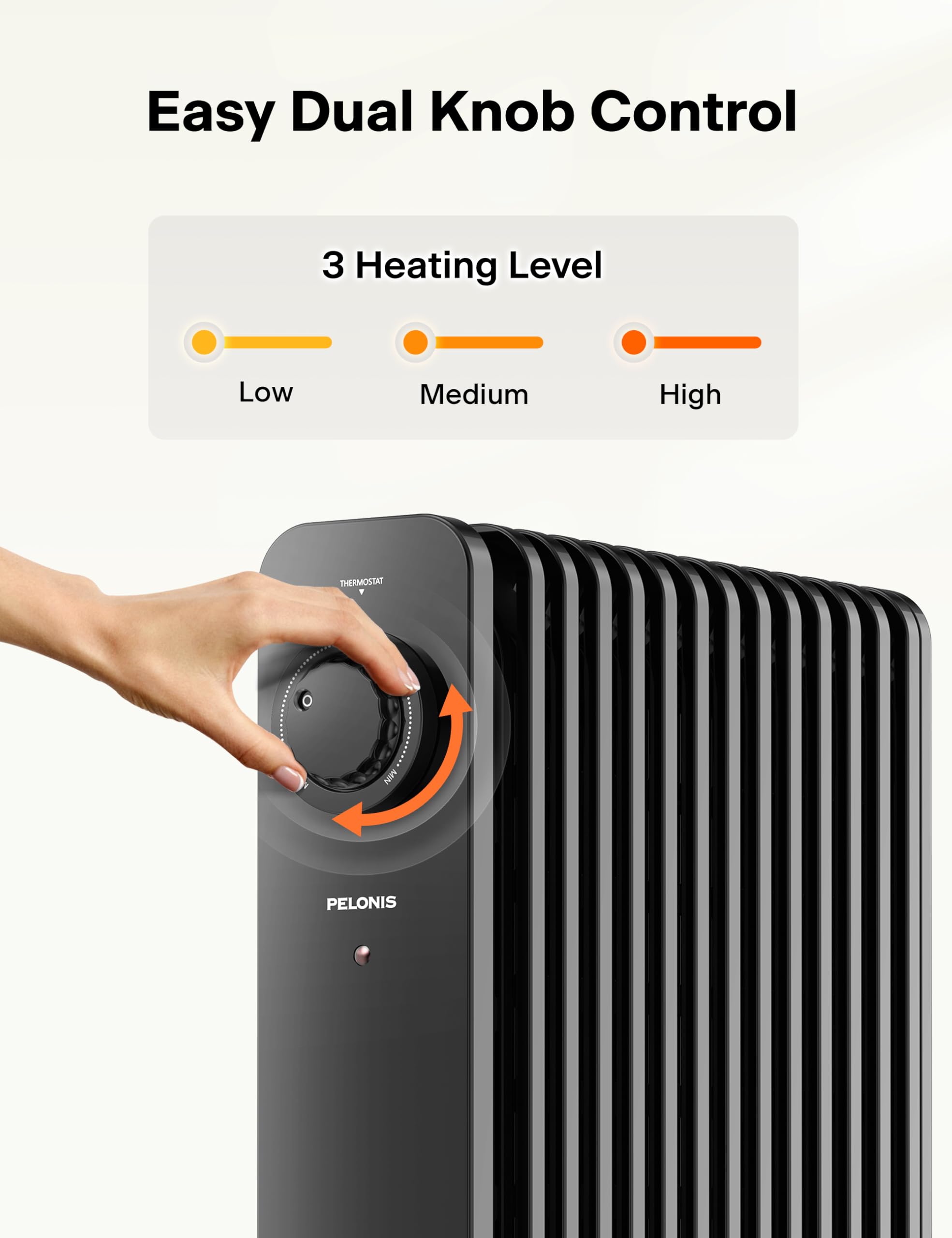 PELONIS Electric Radiator with Adjustable Thermostat and 3 Heat Settings, Oil Filled Heater with Overheat Protection (2500W, Knob Control)