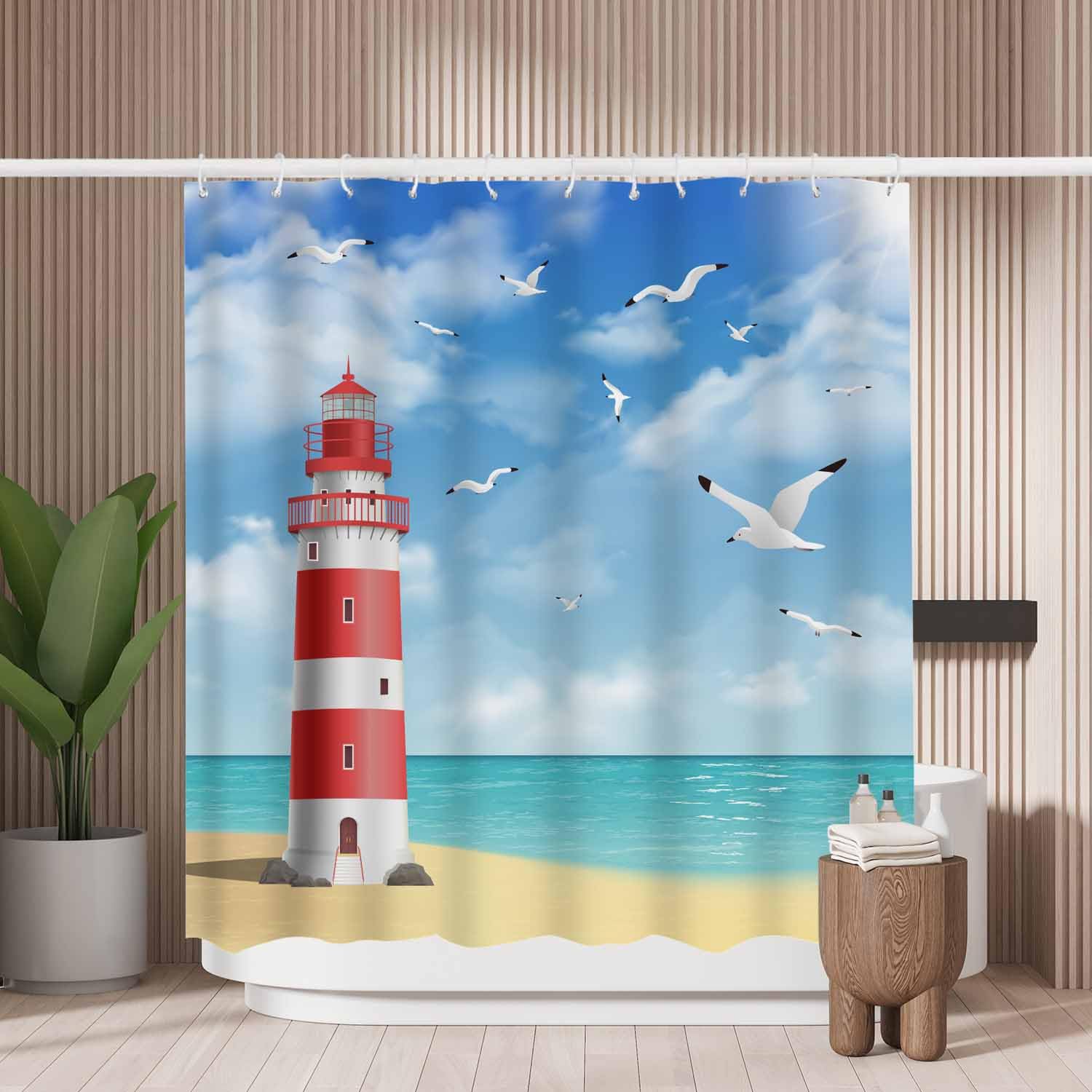 Woutay Shower Curtain Mould Proof Resistant Lighthouses on The Beach,Water Repellant Fabric,Polyester,with 12 Plastic Hooks