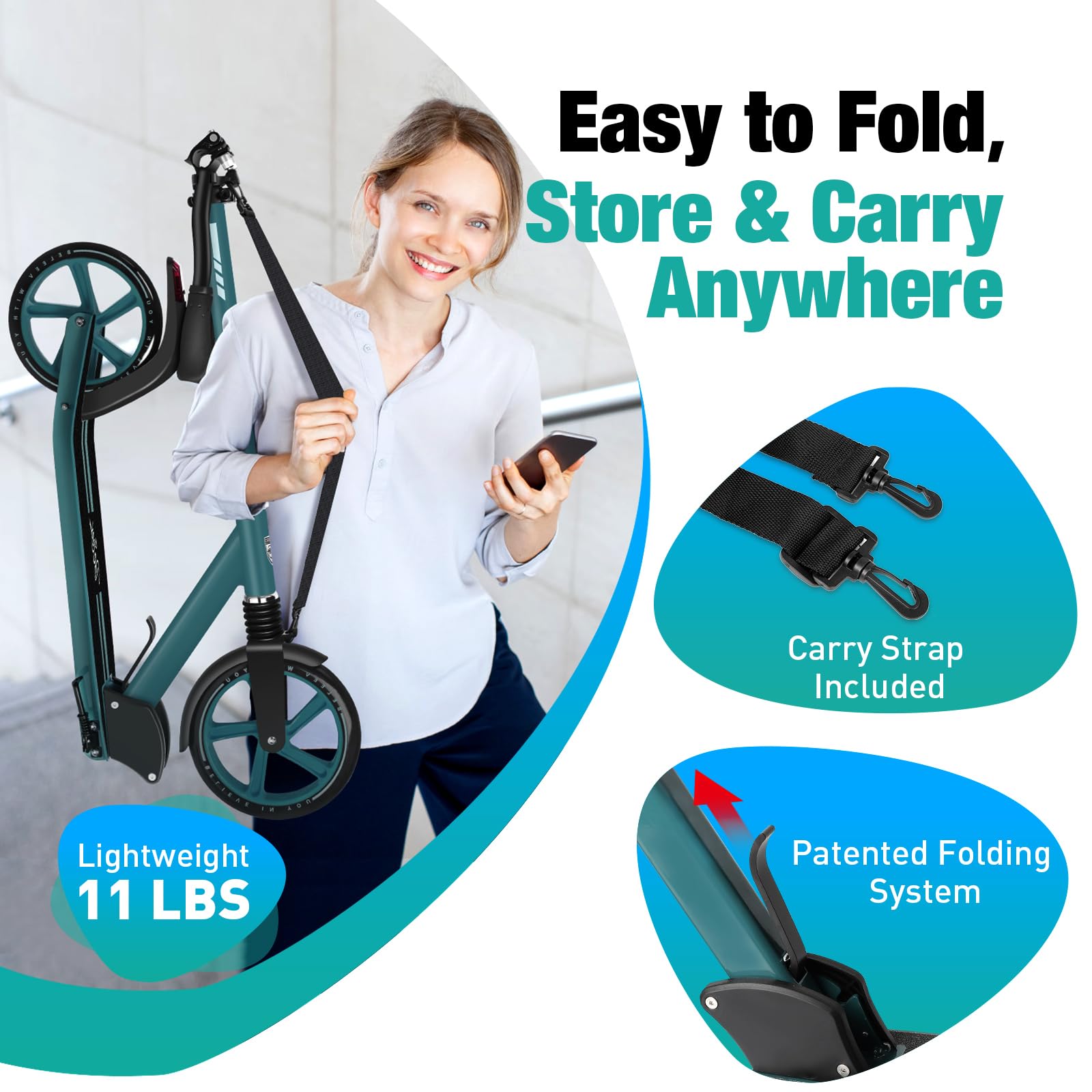 BELEEV Scooters for Kids Ages 8+, Folding 2 Wheel Scooter for Adults Teens, 200mm Big Wheels, 4 Adjustable Handlebar, Front Suspension, Lightweight