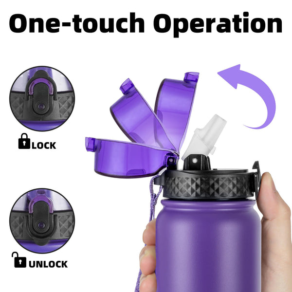 OLDLEY Stainless Steel Water Bottle with Straw 1L Vaccum Insulated Large Drink Flask Metal Water Bottles 1 Litre Leakproof Keep Drinks Hot Cold for Sports Gym with Different Lids(Purple Green, 3 Lids)