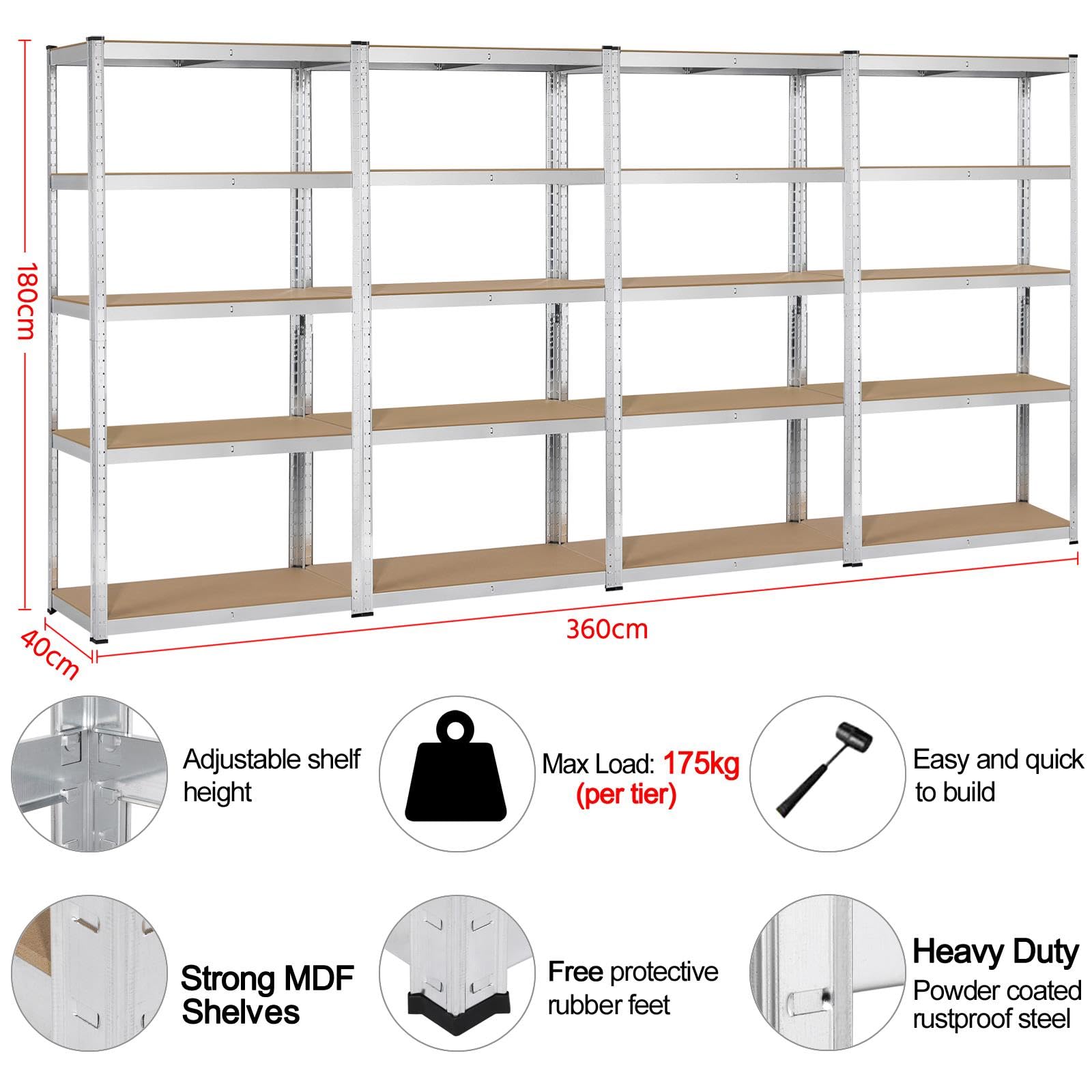 Yaheetech Garage Shelving Units - 5 Tier Heavy Duty Rack for Storage Metal Utility Shelves,180cm x 90cm x 40cm,175KG Per Shelf,Blue