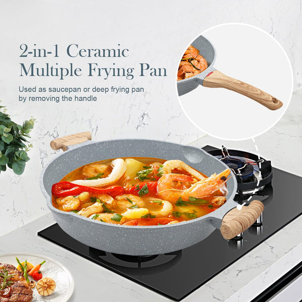 AIKENBBKK 2-in-1 Ceramic Nonstick Deep Frying Pan Skillet, 32cm Frying Pan with Lid Healthy Ceramic Non-Stick Coating, PFOA/PTFE-Free- Blue