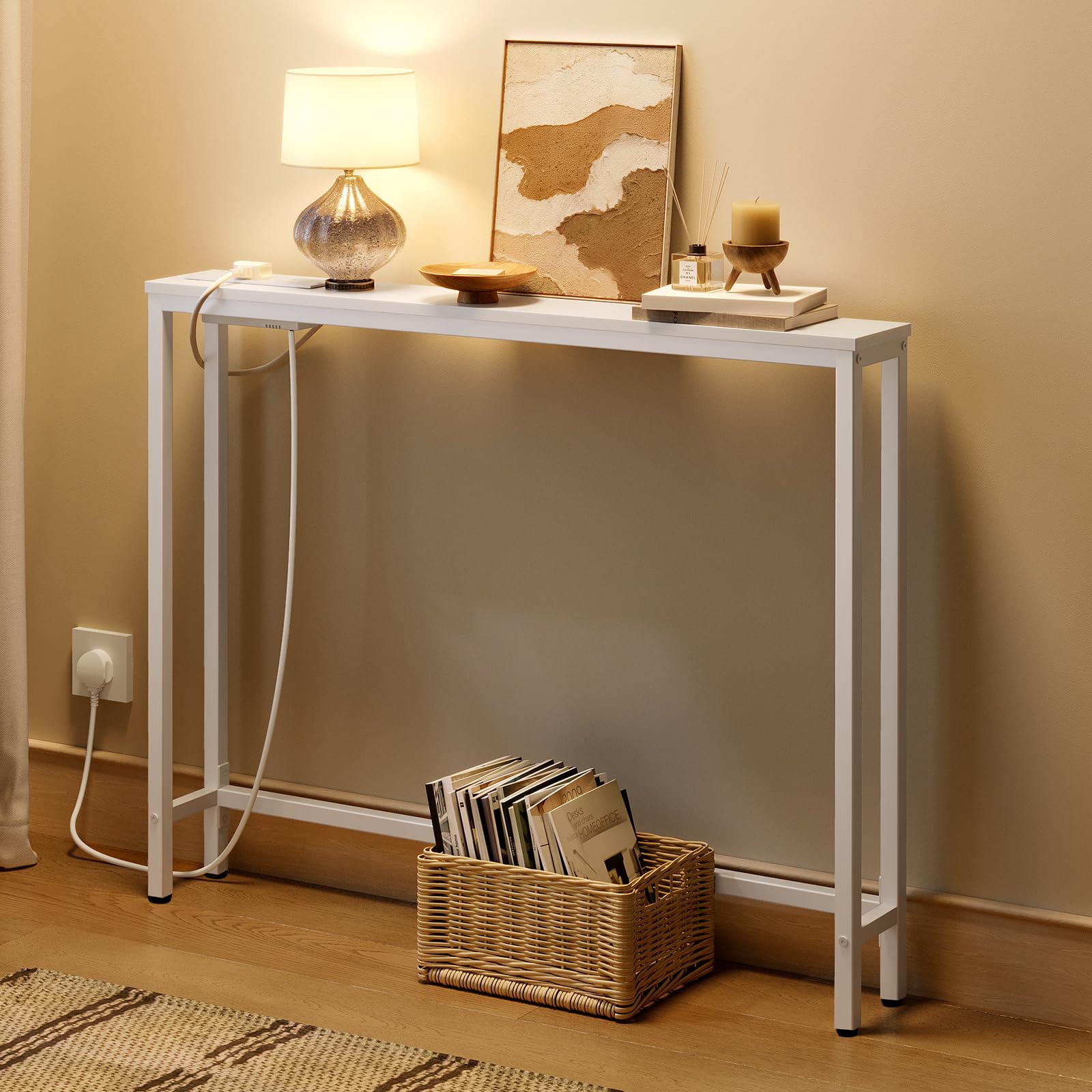 HOOBRO Slim Console Table with Charging Station, Hallway Table with USB Ports and Power Outlets, 100 cm Long, Narrow Behind Sofa Table, for Entryway,