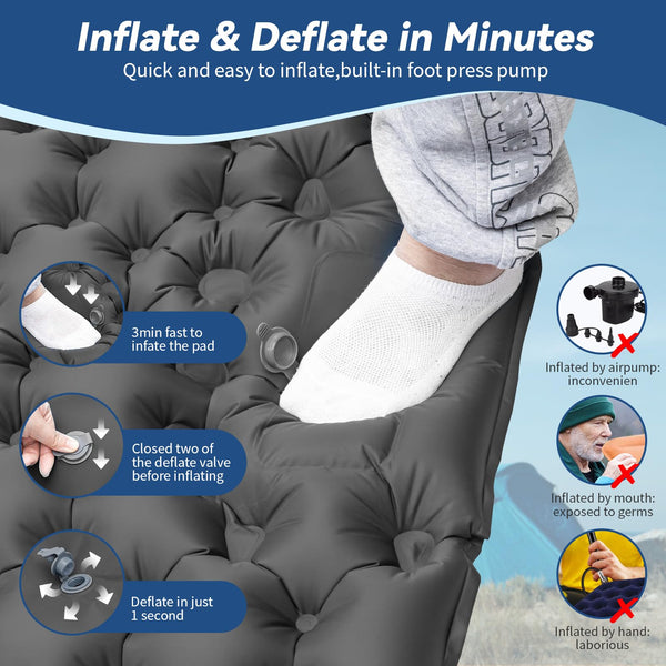 HiiPeak Camping Sleeping Pad, Ultralight Camping Mat with Pillow Built-in Foot Pump Inflatable Sleeping Pads Compact for Backpacking Hiking Traveling Tent (Gray)