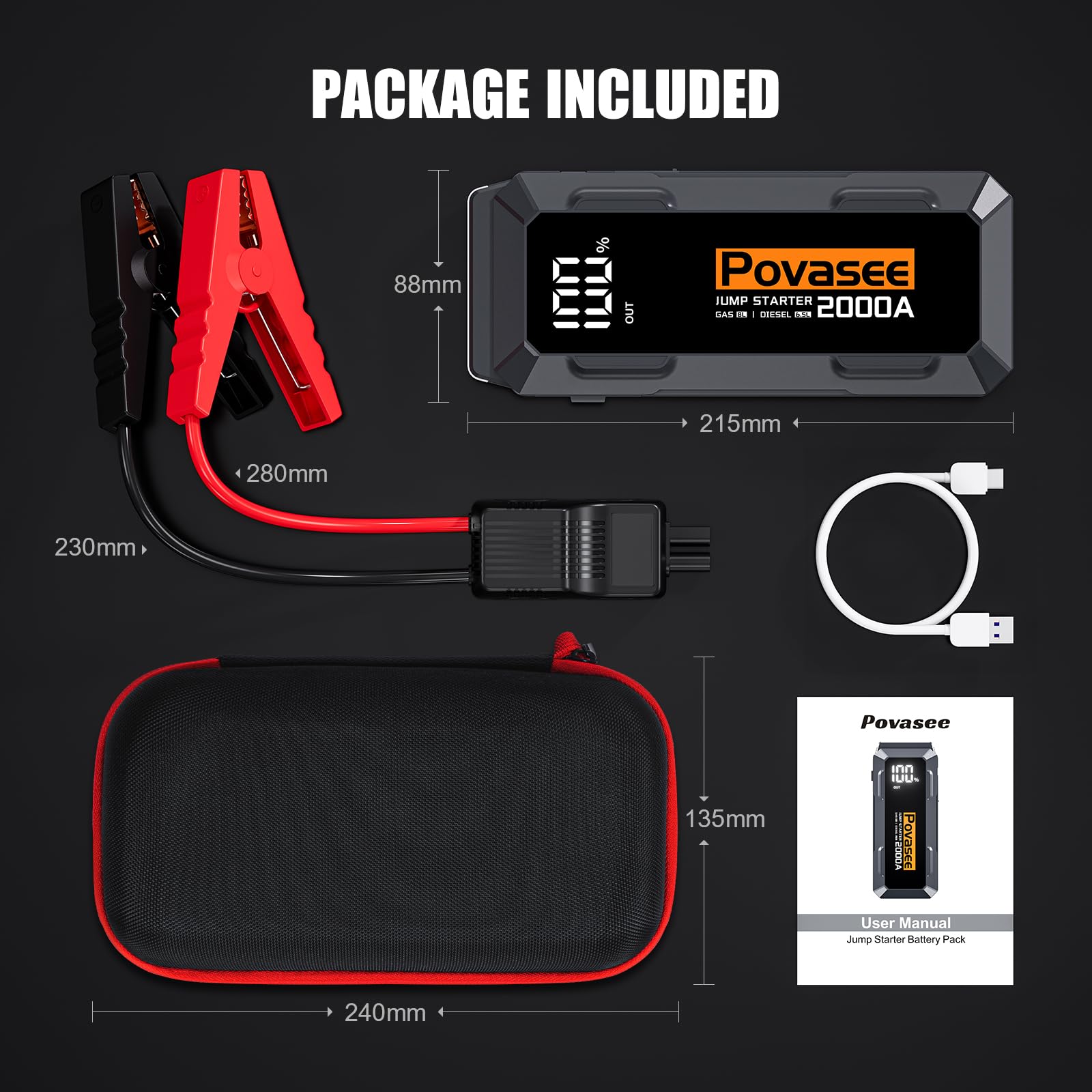 Povasee Jump Starter Power Pack, 5000A Car Battery Booster Jump Starter (up to All Gas or 10L Diesel) with 3" LCD Display, Car Starter with 2 USB Ports, Jump Leads and LED, Jump Pack for 12V Vehicles