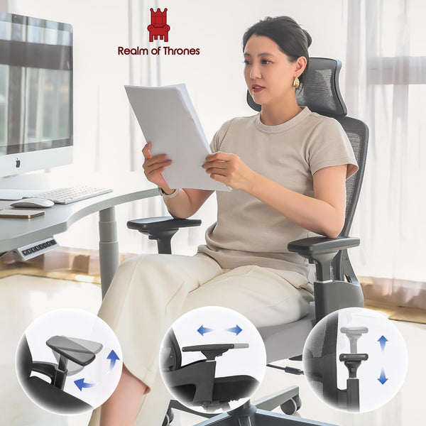 Realm of Thrones CAPTAIN Ergonomic Office Chair for Home, Heavy Duty Steel Base, Versatile Flip-up Armrests, Adjustable Lumbar Support, Mesh Back Comfort Cushion Seat for Computer Desk/Gaming (Black)