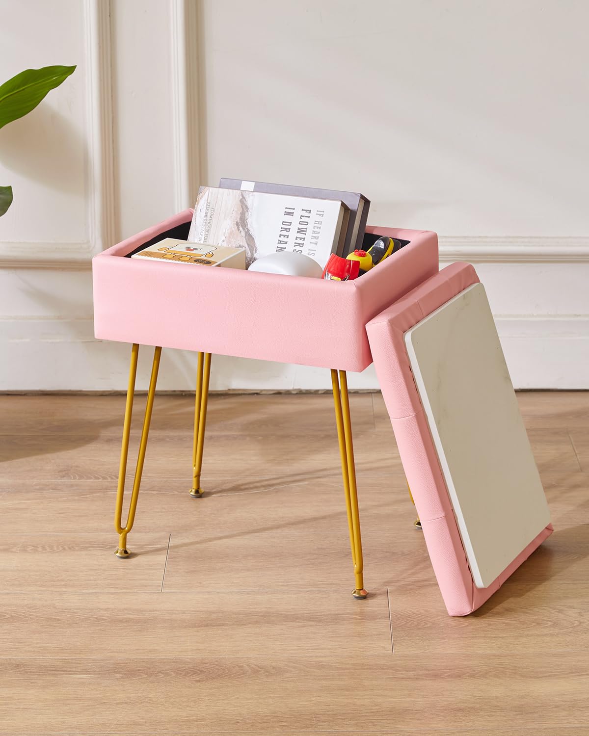 IBUYKE Multifunctional Storage Vanity Stool with Flip Tabletop, Adjustable Metal Legs & PU Leather - 40x30x48cm Ottoman Footrest for Makeup, Living