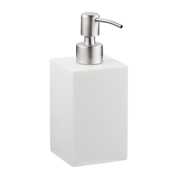 Relaxdays Soap Dispenser, Rectangular, 300 ml, Refillable, Bathroom, for Liquids, Polyresin, Stainless Steel Pump, White