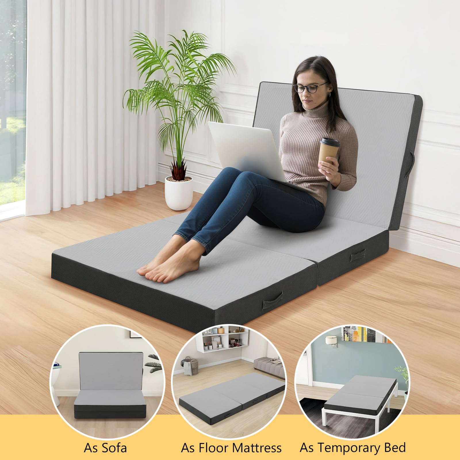 MeMoreCool Tri Fold Mattress 190x90cm, Single, 10cm Thick Foam Foldable Futon Mattress with Washable Cover, Portable Floor Guest Sleeping Mat for