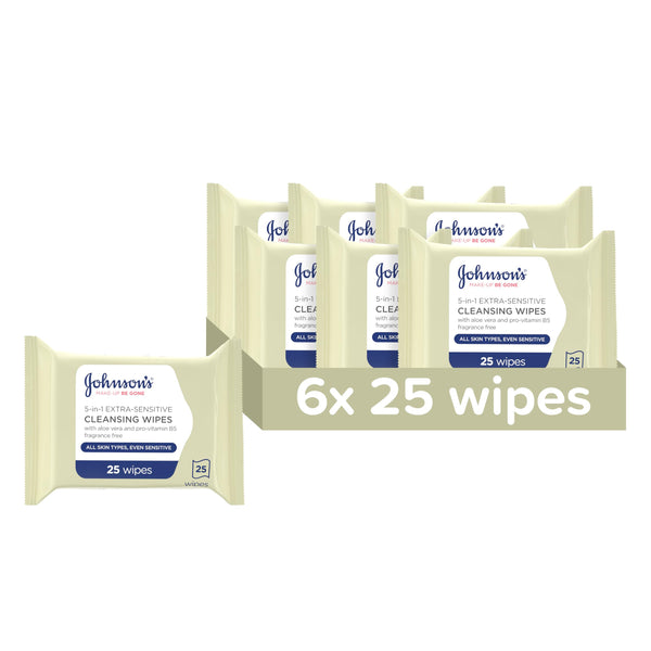 Johnson's Makeup Be Gone Extra-Sensitive Wipes, Pack of 6 x 25 Wipes