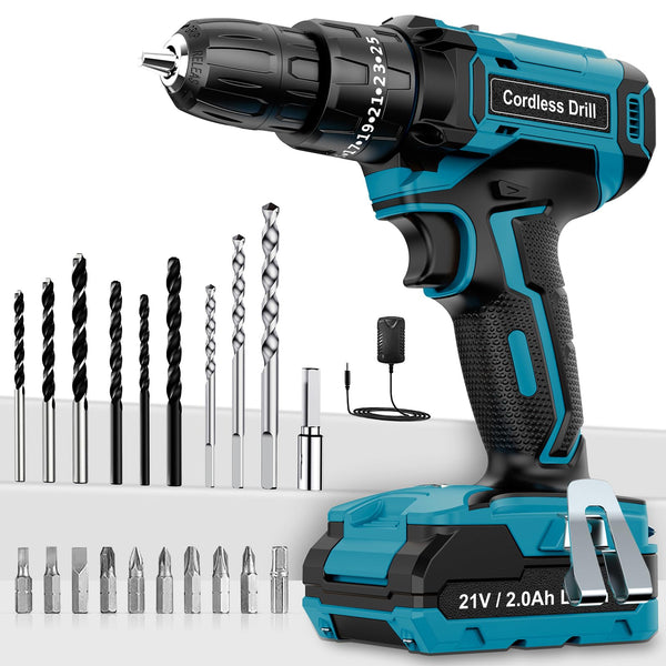 MHPRO Cordless Drill, Power Drill Brushless 21V, Cordless HammerDrill with 2 Batteries 2000mAh, 20+3 Torque, 45N.m Max DrillSet, LED Light, 2 Speed, 14PCS Accessories for Home and Garden DIY Project