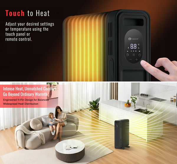 PureMate Oil Filled Radiator, 2500W/2.5KW - 11 Fin - Portable Electric Heater, 3 Power Settings, Adjustable Temperature and Thermostat, Thermal Safety Cut off & 24 Hour Timer