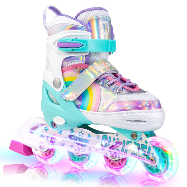 SULIFEEL Rainbow Unicorn Adjustable Light up Inline Skates for Kids Girls and Boys Beginner Skates with Illuminating Wheels,Medium?