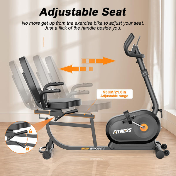 Jupgod Recumbent Exercise Bike, Recumbent Stationary Bike, 150KG Weight Capacity & 8-level Resistance, Magnetic Recumbent Bike with LCD Monitor, Heart Rate Handle