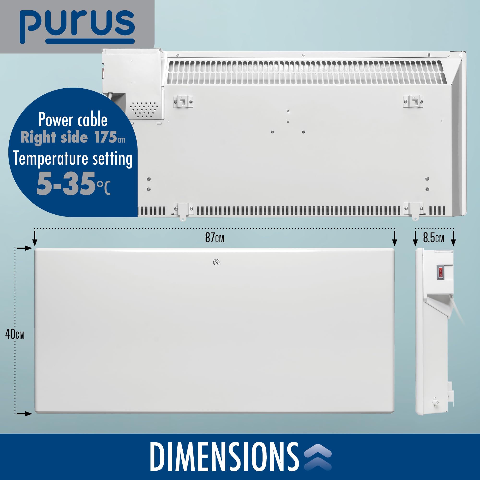 Purus 600W Grey Electric Radiator Heaters for Home, Bathroom Safe Electric Heater Setback Timer Lot 20 & Advanced Thermostat Control Wall Mounted or Floor Standing Low Energy Panel Heater