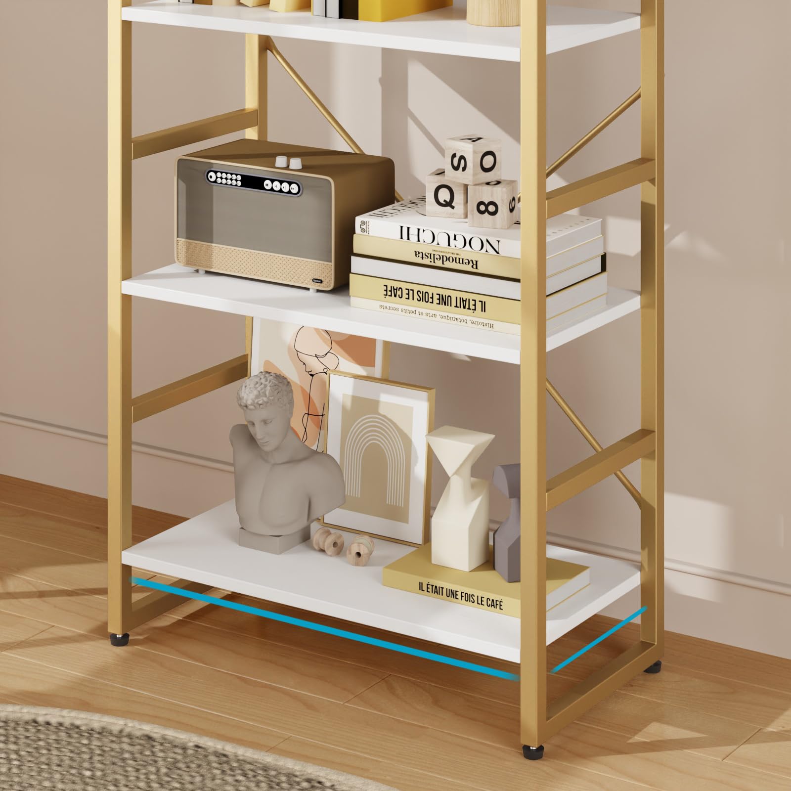 TREETALK 5 Tier Bookshelf, Standing Bookcase with 2 X-shape Frame,Adjustable Leg pads, Industrial Storage Rack for Office, Living Room (Gold)