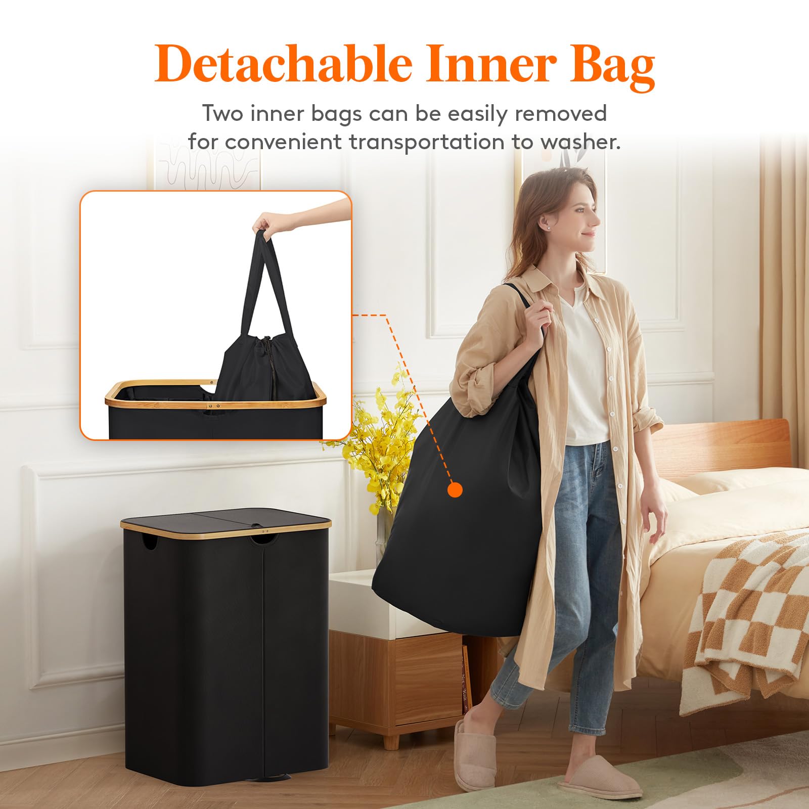 Lifewit 150L Laundry Basket with Lid, Clothes Hampers for Laundry with Bamboo Handles and Removable Laundry Bags, Large Foldable Laundry Hamper for