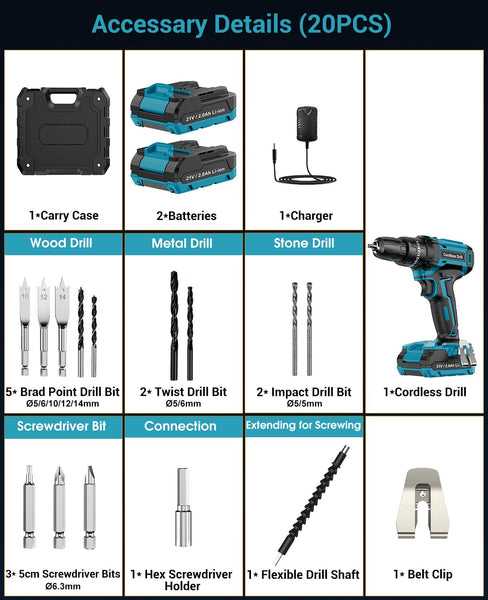 MHPRO Cordless Drill, Power Drill Brushless 21V, Cordless HammerDrill with 2 Batteries 2000mAh, 20+3 Torque, 45N.m Max DrillSet, LED Light, 2 Speed, 14PCS Accessories for Home and Garden DIY Project