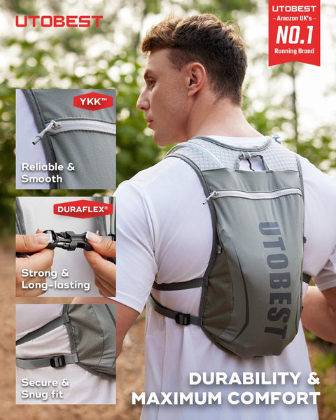 UTOBEST Running Vest Running Backpacks Lightweight Functional Hydration Pack 5L, with 1.5L Hydration Bladder (Grey