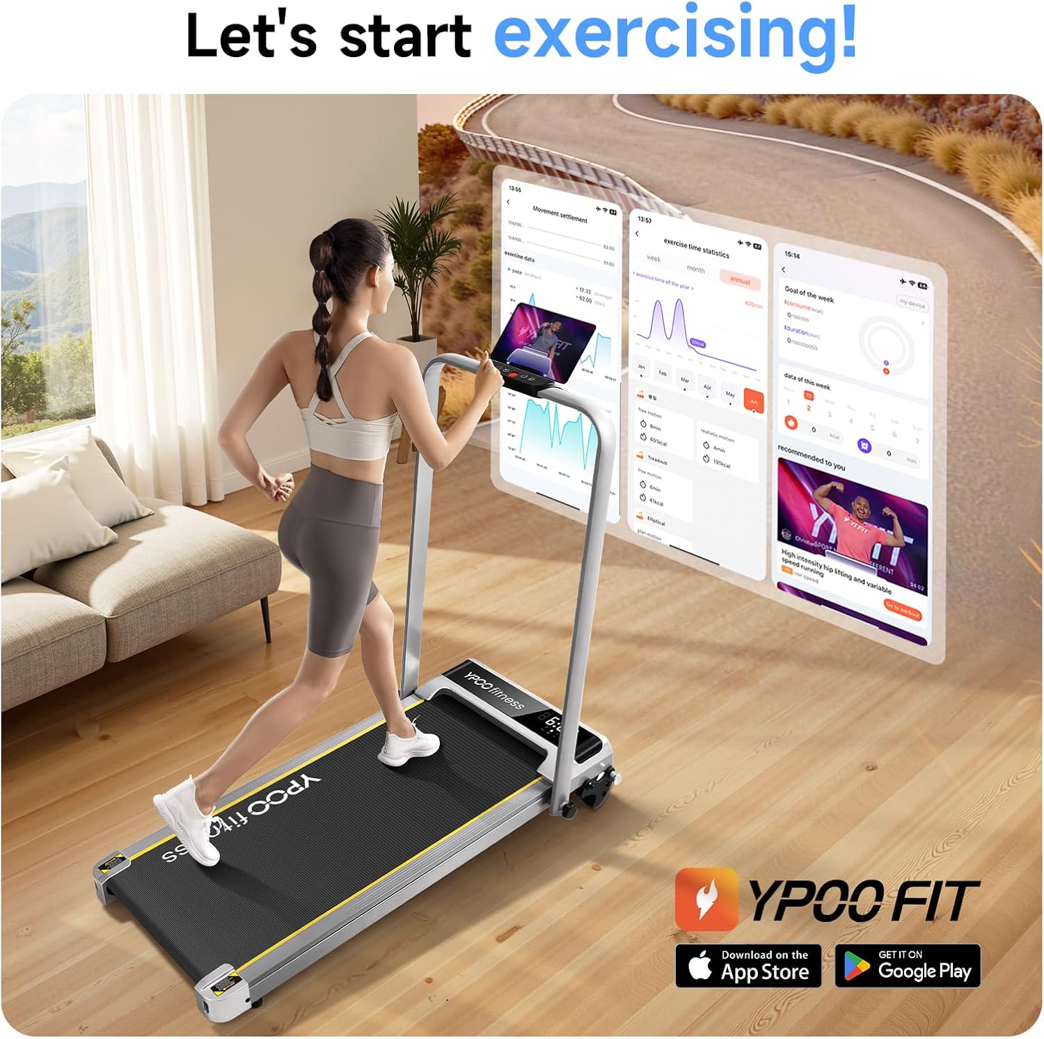 YPOO Walking Pad with Incline 3 in 1 Walking Pad with Handle 3 Level Incline, Portable Folding Treadmills for Home Foldable 300lbs Under Desk Treadmill LED Display Remote Control & APP