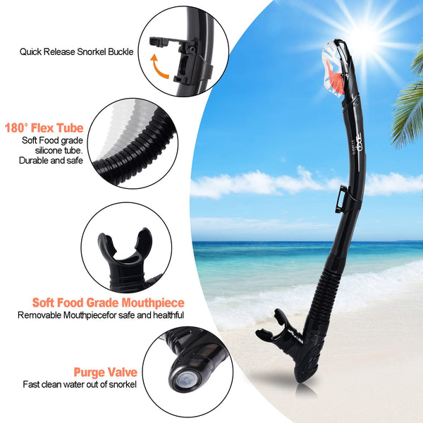 Dry Snorkel Set, Pano 3 Window Snorkel Mask, Anti-Fog Scuba Diving Goggles and Snorkel, Professional Adult Snorkeling Swim Mask Gear (Black Set)